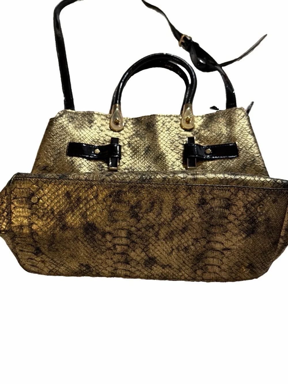 Gianni Bini Gold Snake-Texture Satchel Handbag with Black Accents